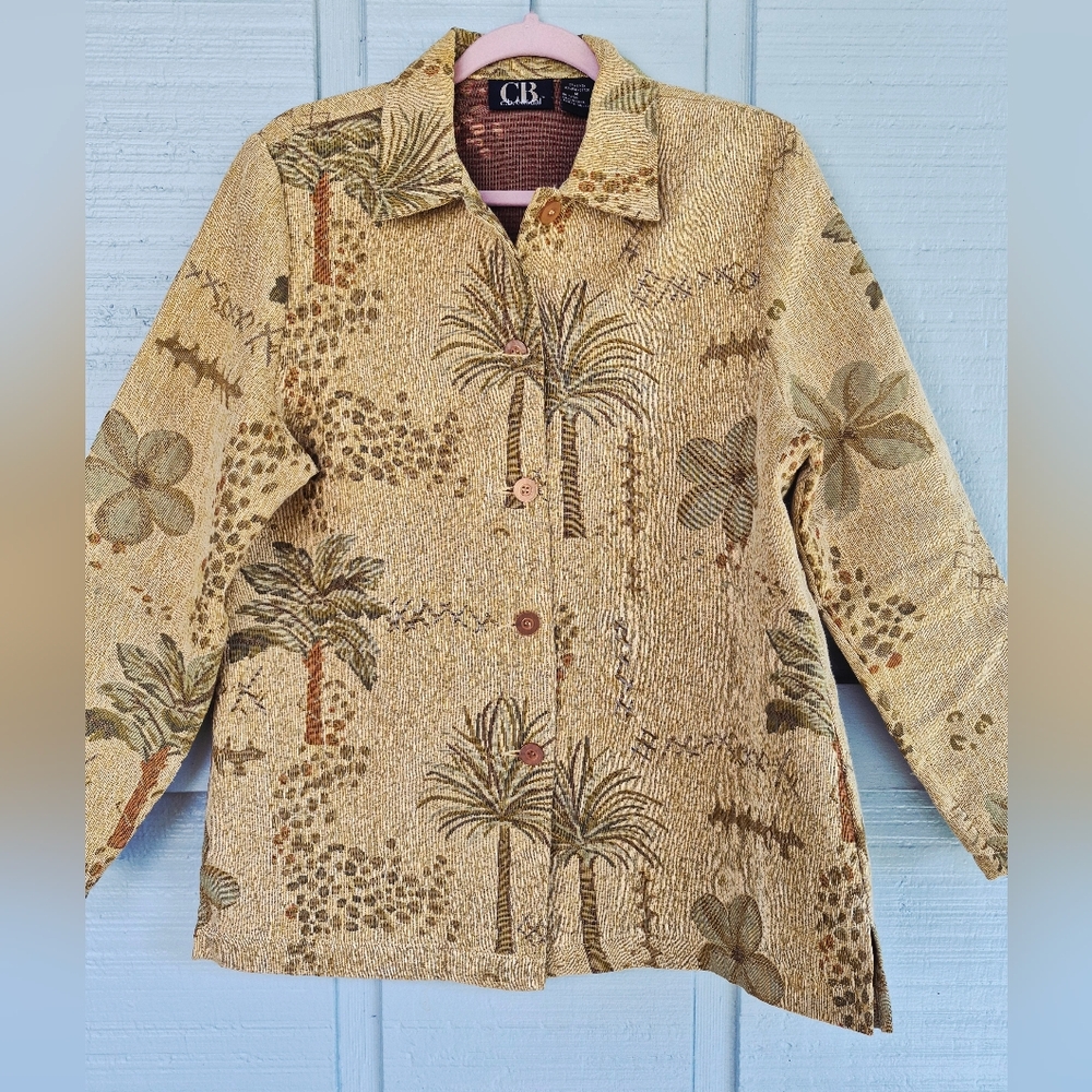 CB Casual Beige Palm Print Jacket Size Medium Unlined Artsy Funky